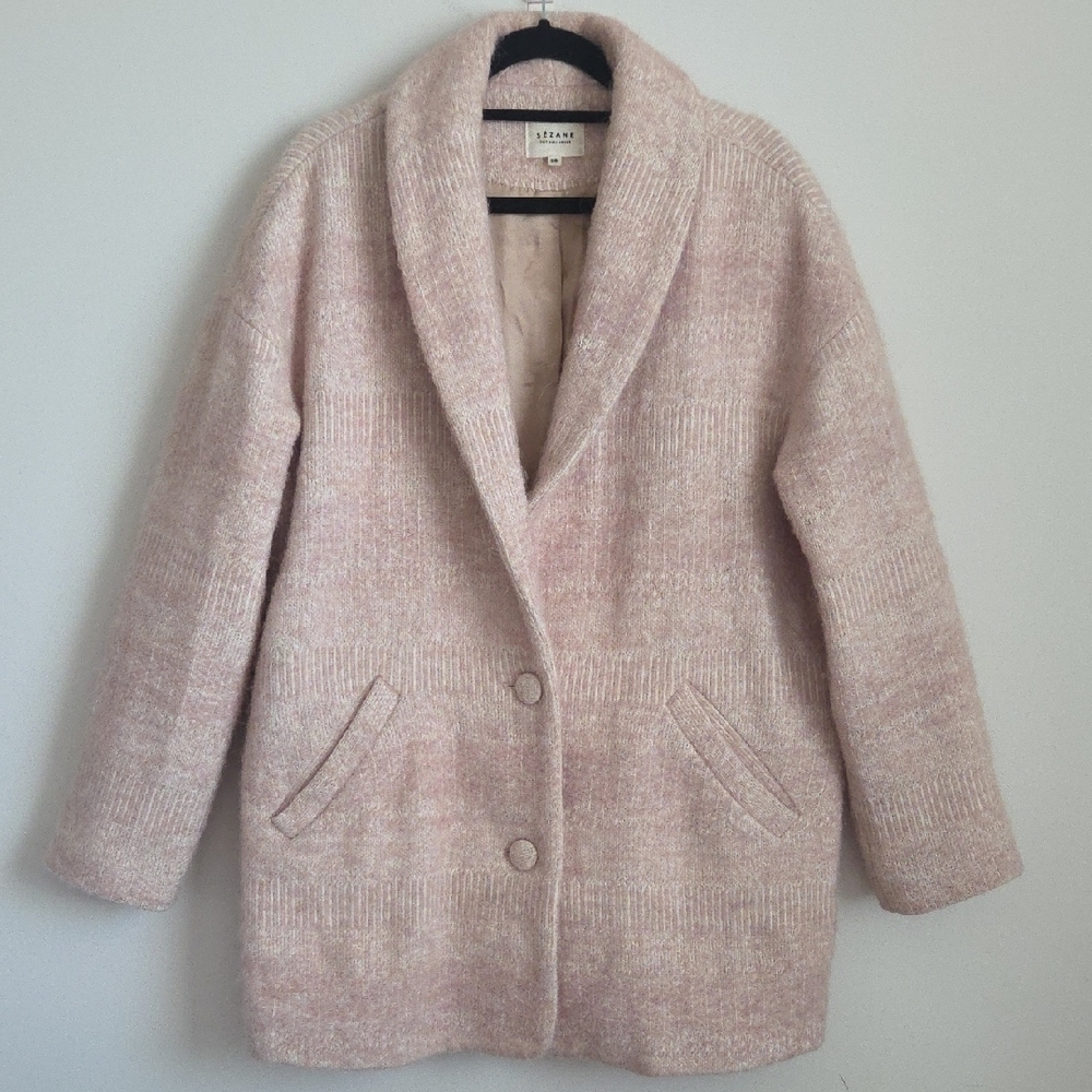 SÉZANE Pink Wool Blend Shawl Collar Coat Soft Rose Melange Size 38 M - Picture 3 of 15
